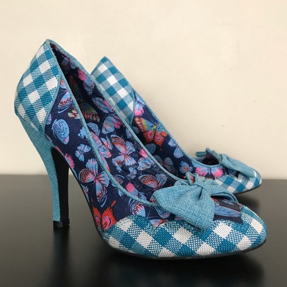 Dolce by Mojo Moxy Butterfly Heels | Bow Front Pumps | Blue Plaid - Picture 2 of 12